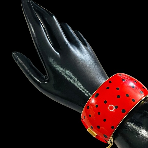 Vintage Jewelry - Huge Statement Vintage Red With Black Polka Dots Hinge Bangle Bracelet